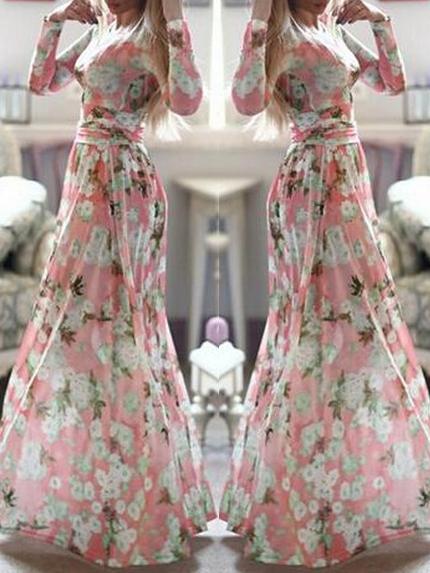 Romwe Long Sleeve Florals Maxi Pink Dress