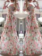 Romwe Long Sleeve Florals Maxi Pink Dress