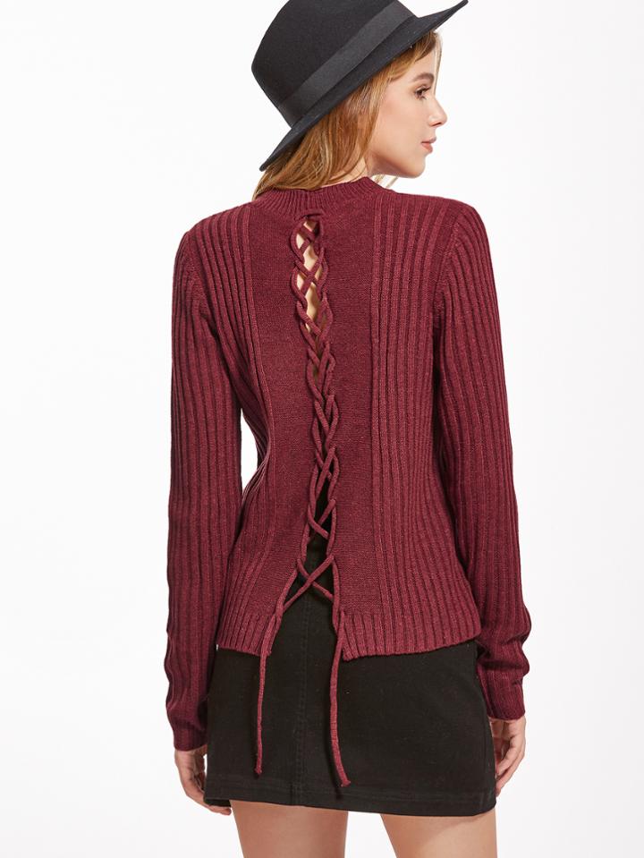 Romwe Burgundy Ribbed Lace Up Back Sweater