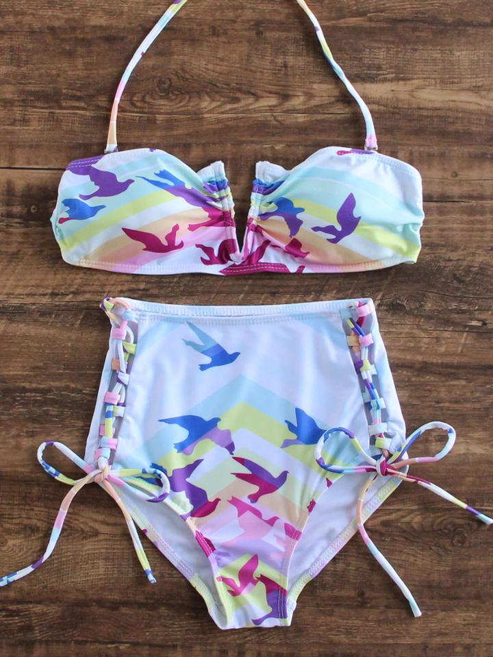 Romwe Multicolor Printed Side Tie High Waist Bikini Set