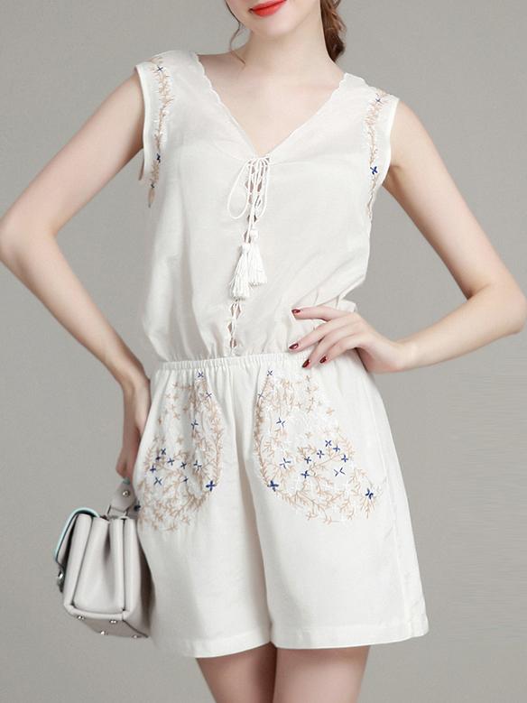 Romwe White V Neck Elastic-waist Embroidered Jumpsuit