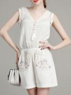 Romwe White V Neck Elastic-waist Embroidered Jumpsuit