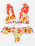 Romwe Flower Applique Bikini Set