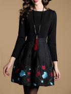 Romwe Black Embroidered Jacquard Combo Dress