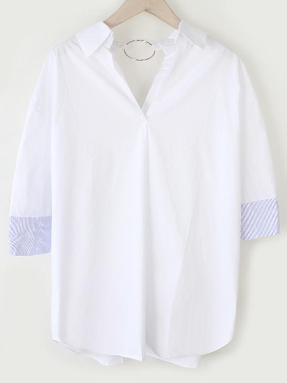 Romwe White Ring Accent Double V Neck Striped Cuff Blouse