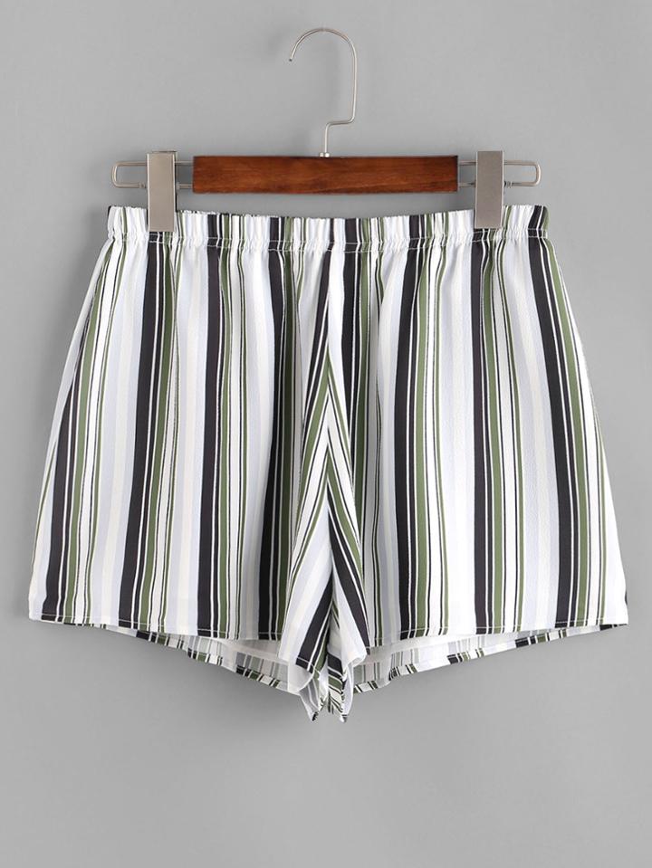 Romwe Striped Elastic Waist Shorts
