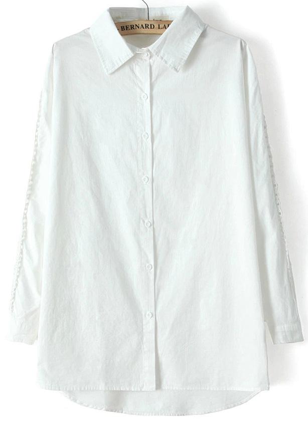 Romwe White Lapel Hollow Lace Dip Hem Blouse