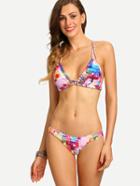 Romwe Braided Strap Multicolor Abstract Print Bikini Set