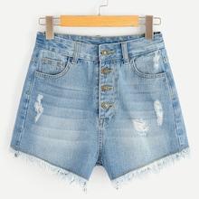 Romwe Bleach Wash Raw Hem Buttoned Denim Shorts