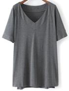 Romwe Dark Grey V Neck Dip Hem Short Sleeve Casual T-shirt