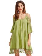 Romwe Green Open Shoulder Crochet Lace Sleeve Tassel Dress