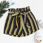 Romwe Striped Frill Trim Belted Shorts