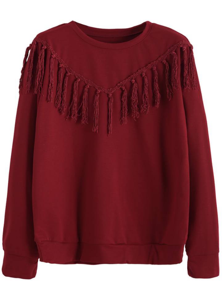 Romwe Burgundy Tassel Trim Sweatshirt