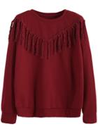 Romwe Burgundy Tassel Trim Sweatshirt