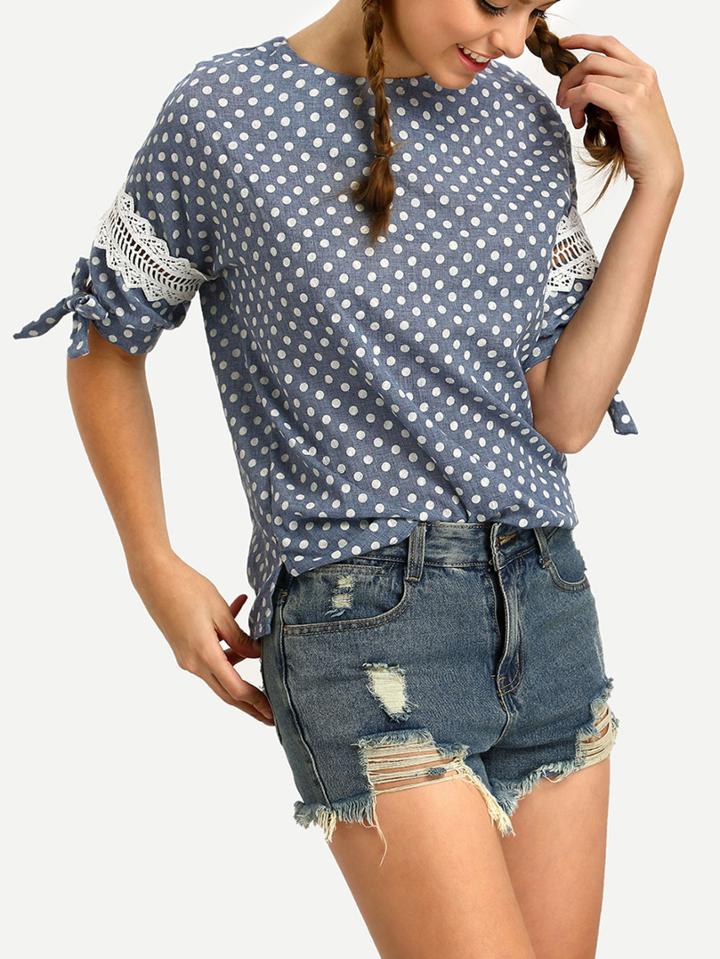 Romwe Blue Contrast Lace Polka Dot Bowknot Split Shirt