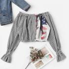 Romwe Gingham Plaid And Figure Print Off The Shoulder Top