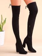 Romwe Black Suede Point Toe Tie Back Chunky Heel Thigh High Boots