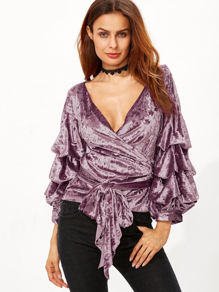Romwe Purple Billow Sleeve Velvet Wrap Top