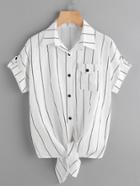 Romwe Striped Knot Front Shirt With Chest Pocket