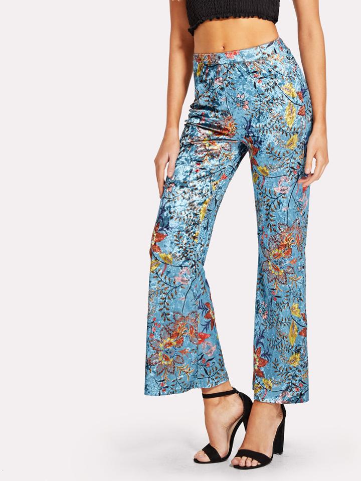 Romwe Wide Leg Floral Velvet Pants