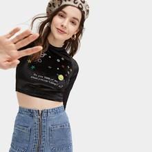 Romwe Star And Letter Embroidery Velvet Tee