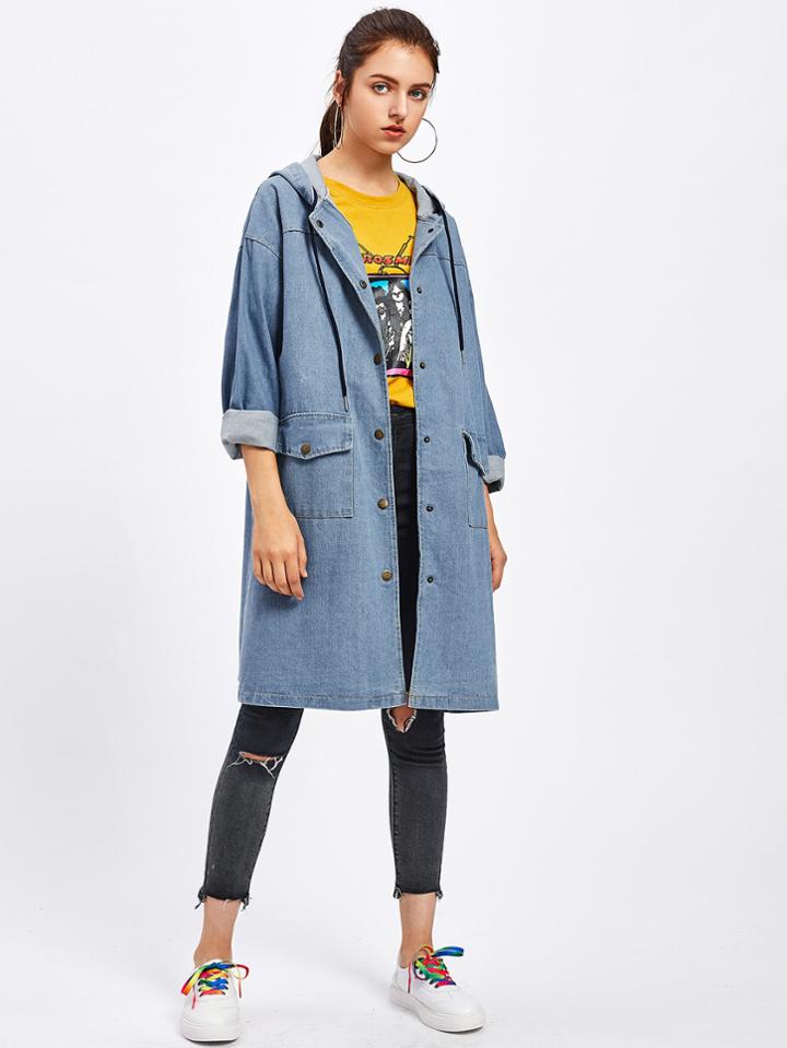 Romwe Drop Shoulder Hooded Denim Jacket