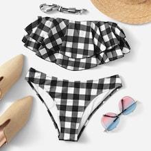 Romwe Gingham Flounce Bandeau Bikini Set