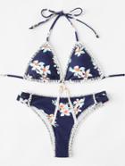 Romwe Stitch Trim Flower Print Bikini Set