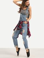 Romwe Ripped Light Wash Denim Overall Jeans