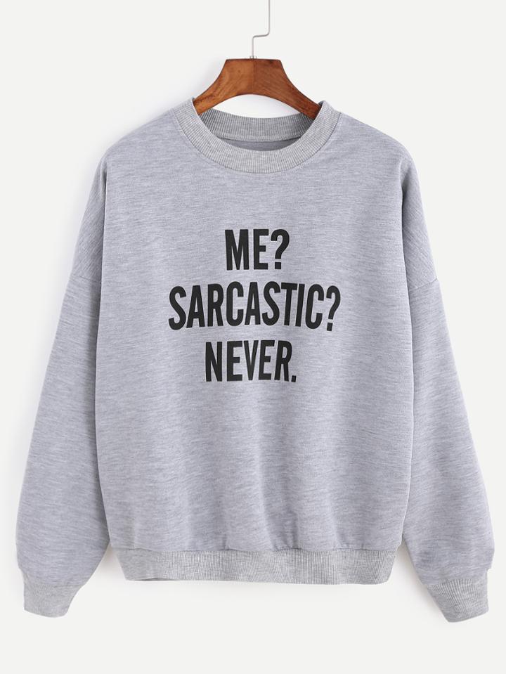 Romwe Grey Letter Print Drop Shoulder Seam Sweatshirt