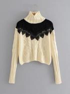 Romwe Contrast Lace Crochet Cable-knit Sweater