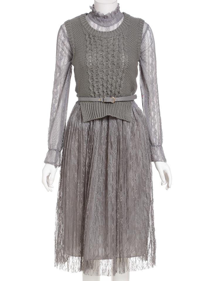 Romwe Cable Knit Sleeveless Crop Grey Sweater With Lace Dress