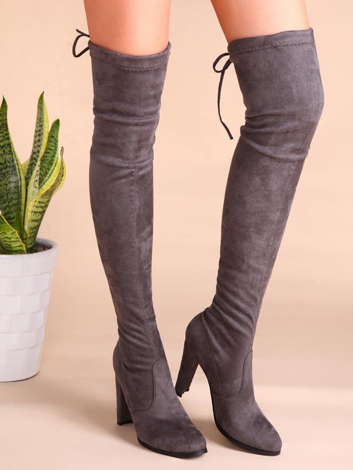 Romwe Grey Velvet Point Toe Lace Back Over The Knee Boots