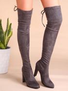 Romwe Grey Velvet Point Toe Lace Back Over The Knee Boots