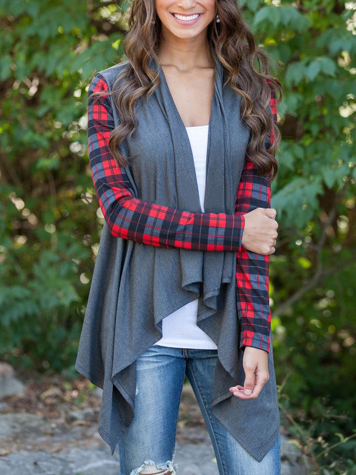 Romwe Plaid Long Sleeve Loose Cardigan