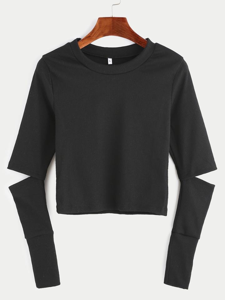 Romwe Black Elbow Cut Out Crop T-shirt