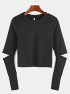 Romwe Black Elbow Cut Out Crop T-shirt