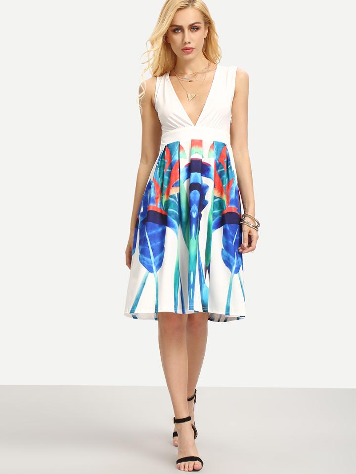 Romwe Plunge Neck Printed Sleeveless Dress