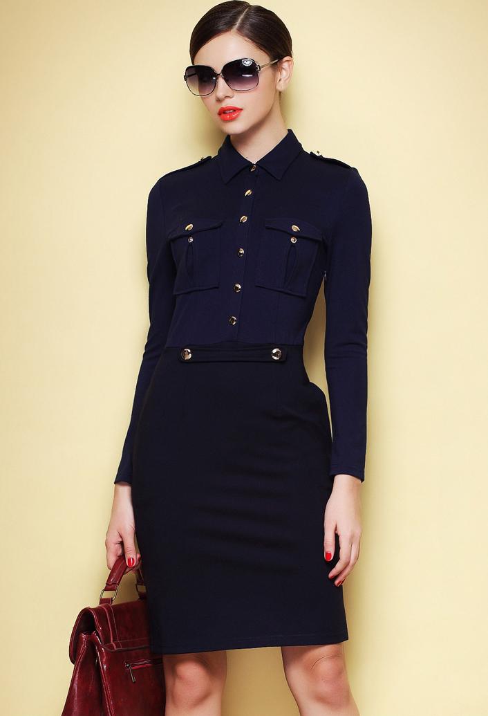 Romwe Navy Long Sleeve Buttons Slim Bodycon Dress