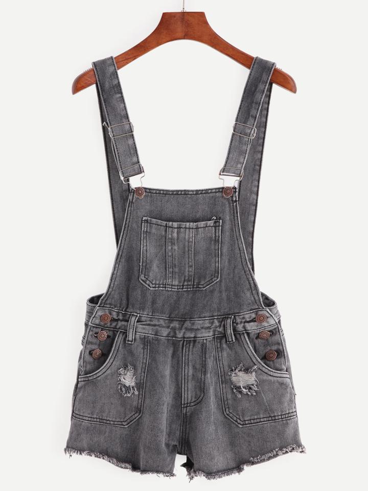 Romwe Dark Grey Ripped Denim Overalls