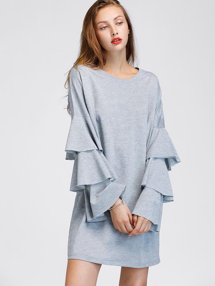 Romwe Tiered Fluted Sleeve Marled Tee Dress