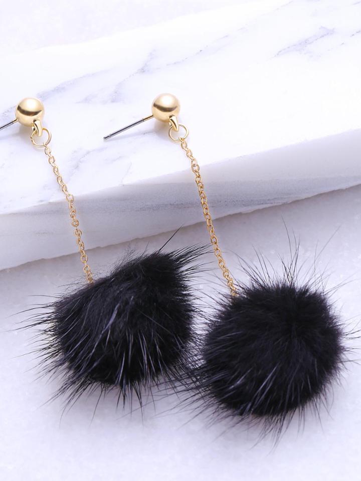 Romwe Black Pom Pom Drop Earrings