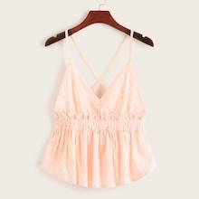 Romwe Schiffy Ruffle Hem Criss Cross Back Cami Top