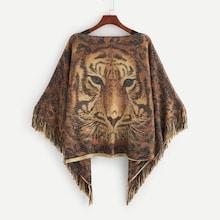 Romwe Fringe Trim Tiger Pattern Poncho Sweater