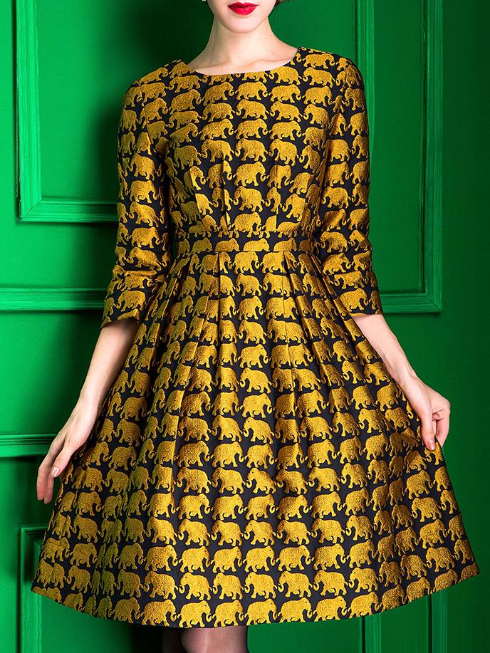 Romwe Yellow Elephant Jacquard Knee Length A-line Dress