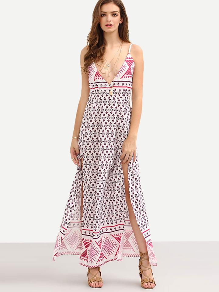 Romwe Deep V-neck Multicolor Tribal Print Slit Cami Dress