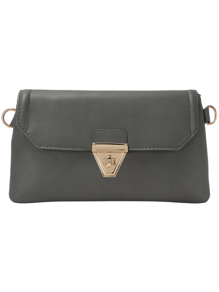 Romwe Grey Pu Turn Lock Flap Clutch Bag