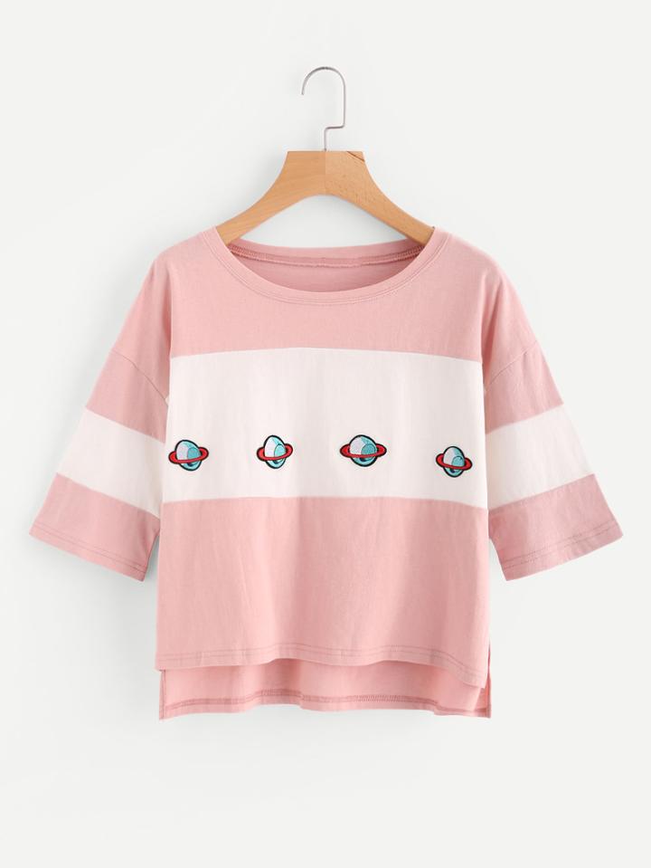 Romwe Planet Embroidered Color Block Dip Hem Tee