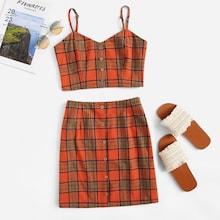 Romwe Button Front Crop Plaid Cami Top & Skirt Set
