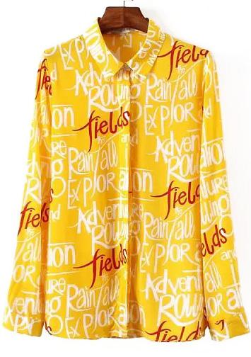 Romwe Lapel Letter Print Yellow Blouse